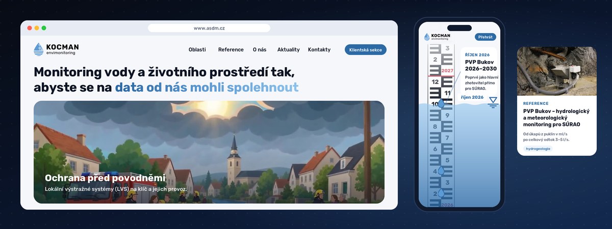 Nový web asdm.cz – úvodní stránka v prohlížeči, historie firmy na vodočtu v mobilu a karta reference